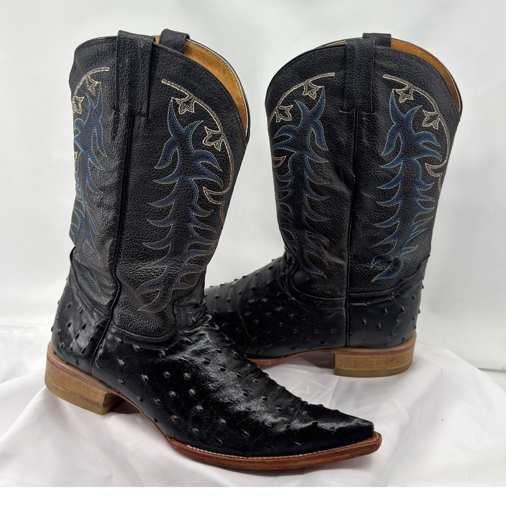 El Tejano Ostrich Look Boots Mens 9 Black Leather Snip Toe Western Cowboy Rodeo